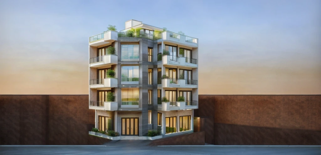 a bright townhouse exterior, natural tones, balconies, glass doors, glass railings, trees, surrounding houses, detailed architecture, photorealistic, 8k, high quality, vivid colors, natural lighting, hyperrealistic, intricate details, realistic textures, dynamic composition, beautiful scenery, architectural masterpiece, refined craftsmanship