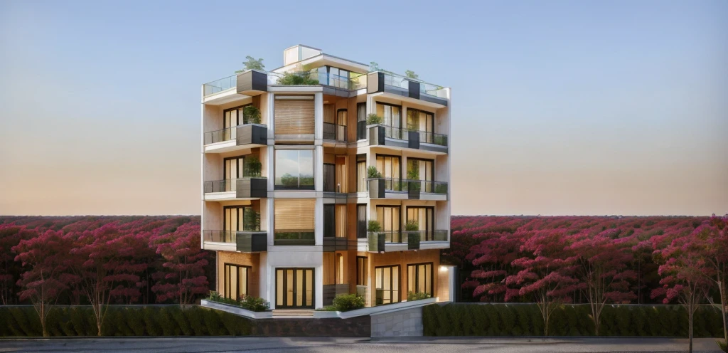 a bright townhouse exterior, natural tones, balconies, glass doors, glass railings, trees, surrounding houses, detailed architecture, photorealistic, 8k, high quality, vivid colors, natural lighting, hyperrealistic, intricate details, realistic textures, dynamic composition, beautiful scenery, architectural masterpiece, refined craftsmanship