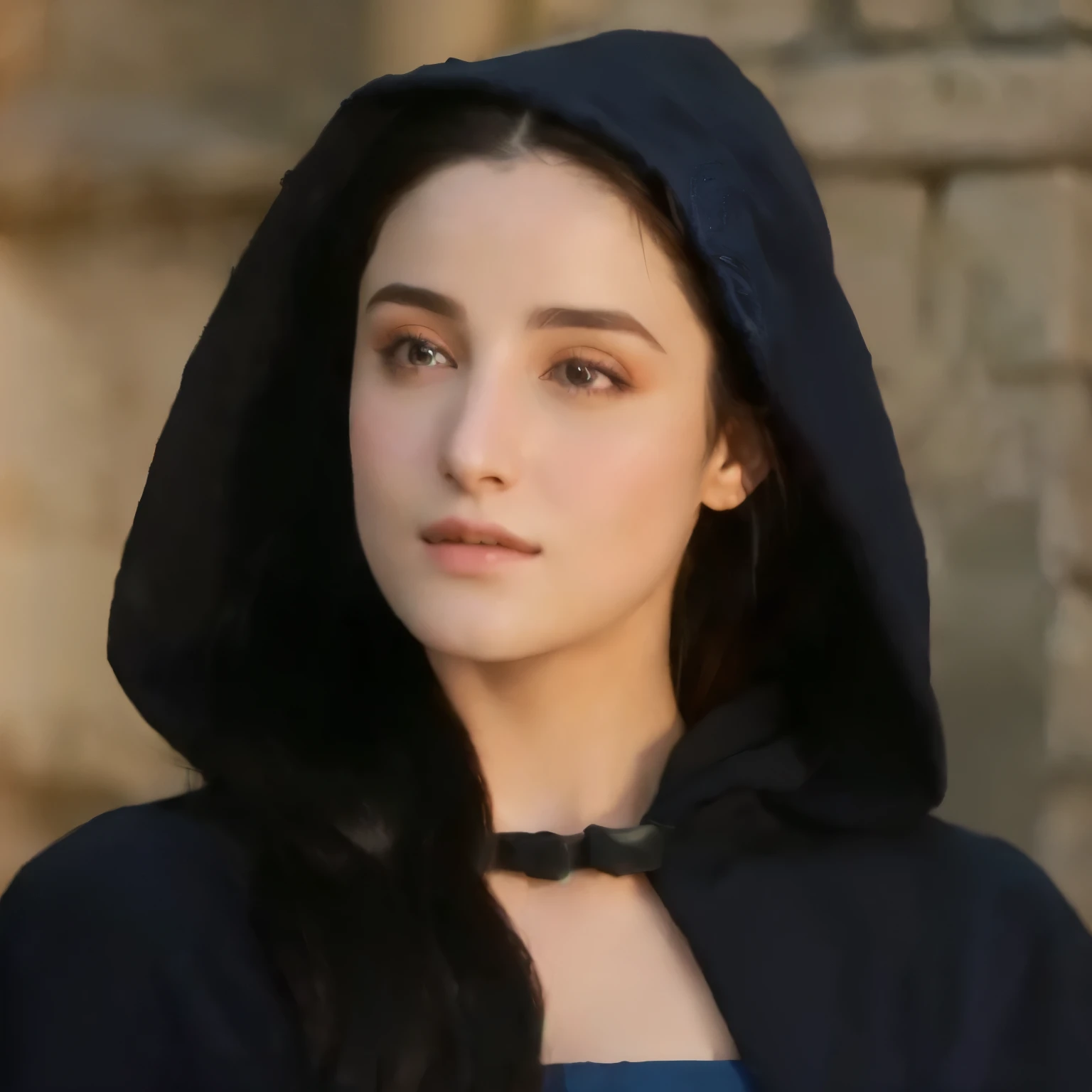 Arafed woman wearing a black hoodie and a blue dress., maya ali as ad&d sorcerer, maya ali as d&d sorcerer, maya ali as d&D mago, as a medieval fantasy character, mahira khan as ad&D mago, maya ali as a sorcerer, maya ali as a mage