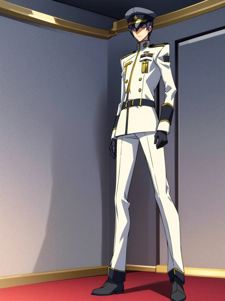 Male, teenager, officer, wearing a formal white militaristic Britannian uniform, a lapel, military cap, and a full-face mask, face and hair covered by mask, athletic build, hands in pockets, standing at attention, daytime hall setting, lone figure, facing viewer, fully in frame, full body shot, Code Geass style, codeGeass, CODEGEASS