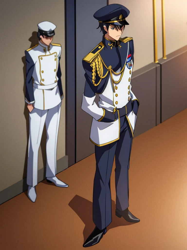 Male, teenager, officer, wearing a formal white militaristic Britannian uniform, a lapel, military cap, and a full-face mask, face and hair covered by mask, athletic build, hands in pockets, standing at attention, daytime hall setting, lone figure, facing viewer, fully in frame, full body shot, Code Geass style, codeGeass, CODEGEASS