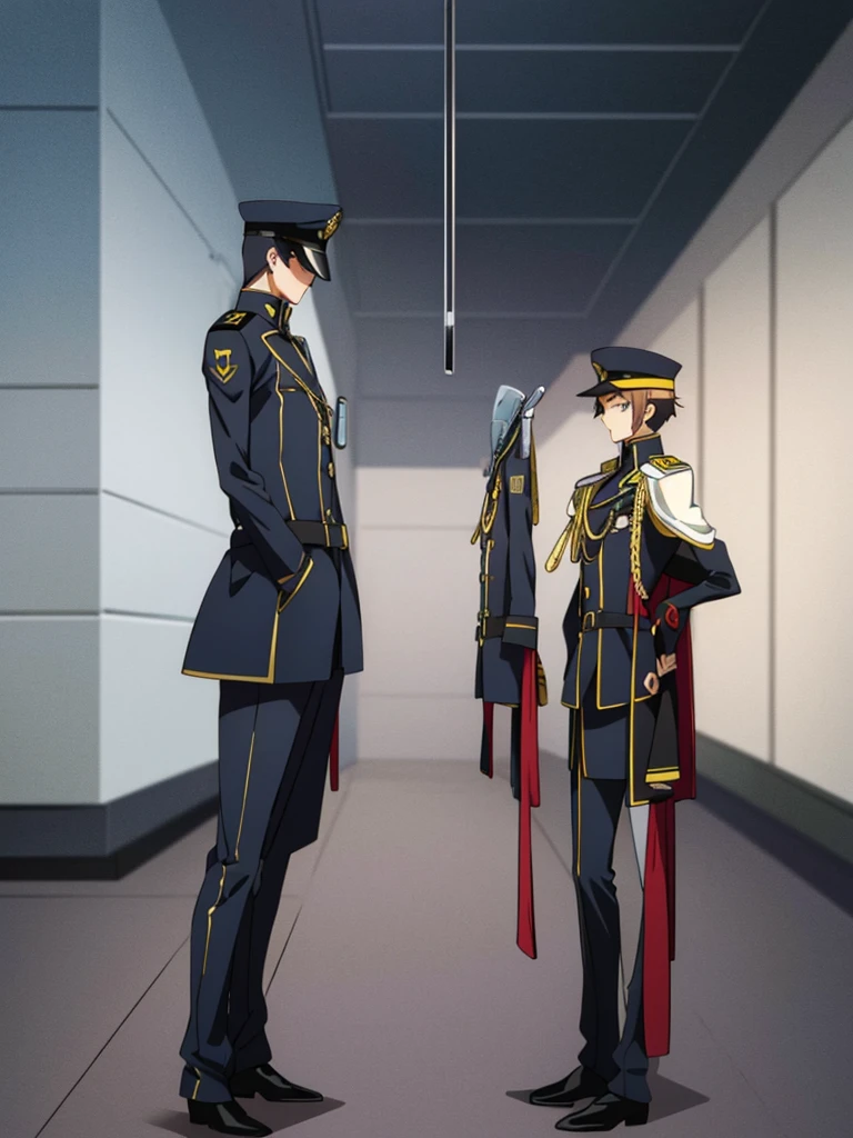 Male, teenager, officer, wearing a formal white militaristic Britannian uniform, a lapel, military cap, and a full-face mask, face and hair covered by mask, athletic build, hands in pockets, standing at attention, daytime hall setting, lone figure, facing viewer, fully in frame, full body shot, Code Geass style, codeGeass, CODEGEASS