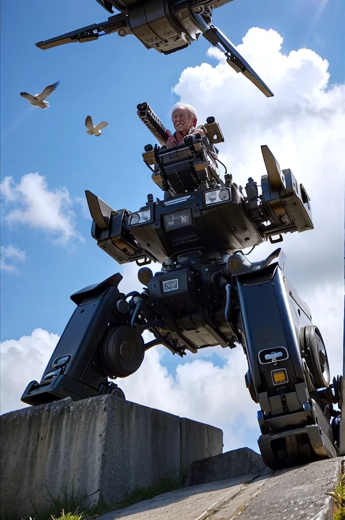 An elderly man sitting on a toilet that has transformed into a robot. The robot's mechanical arms and legs are visible, and the bidet water hits the man's backside, causing him to be launched into the sky. The robot has a surprised expression on its face, with gears and circuits showing. The scene is dynamic, with the man flying upwards against a bright blue sky with fluffy clouds and birds flying nearby.