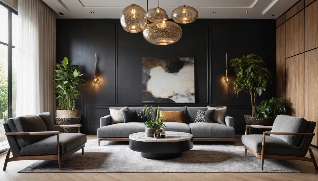 Close shot An elegant and cozy corner of A luxurious living room featuring a modern design with high-end materials, ((Shot with a high-quality DSLR camera)), ((Shallow depth of field)), ((bokeh background)), The space showcases a harmonious blend of dark tones including matte black, grey, and natural wood, The centerpiece is a set of sophisticated modern chairs and a marble coffee table, paired with a stylish sectional sofa. Artistic pendant lights hang from the ceiling, casting a warm, inviting glow that enhances the room's ambiance. Decorative elements include a small indoor garden with greenery and decorative stones, and walls adorned with marble and wood paneling. The use of metal accents adds a contemporary touch. A sleek cabinetry wall and a glass display add sophistication to the space. The room layout is open and spacious, creating a seamless flow between different functional areas. Shallow depth of field, bokeh background, focused foreground. ((8k)), high quality detail, sophisticated and calming environment. depth of field camera, 50mm, ((8k)), high quality detail, soothing and elegant ambiance. , ((8k)), ((UHD)), 8k, high quality detail, realistic photo, luxurious, beautiful, modern, soothing, cozy, peaceful, cottagecore
