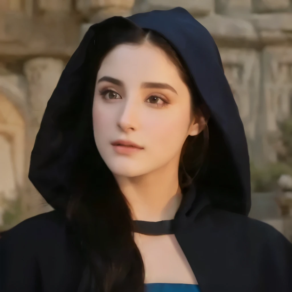 Arafed woman wearing a black hoodie and a blue dress., maya ali as ad&d sorcerer, maya ali as d&d sorcerer, maya ali as d&D mago, as a medieval fantasy character, mahira khan as ad&D mago, maya ali as a sorcerer, maya ali as a mage