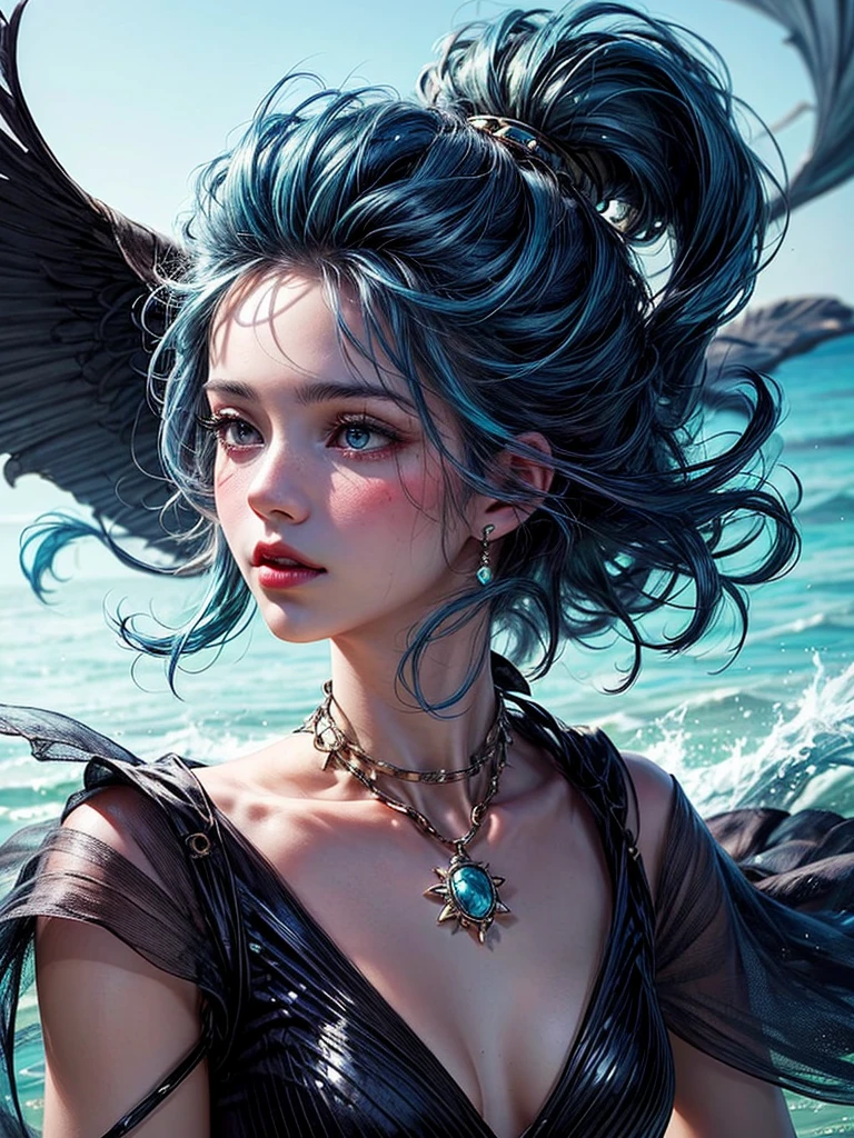 (a venus wearing a see-through silk toga:1.2),in the ocean, waves, water diamond jewelry, floating colorful sparkles, wind blowing through, flowing hair, blue tone:1.1), shiny skin ,ultra-detailed face, detailed turquoise eyes, ((blue hair)) , lustrous lips , (upper body: 1.3),skinny physique, beautiful figure, elegant, vivid colors ,(official art, unity 8k wallpaper, ultra detailed, beautiful and aesthetic, masterpiece ,best quality, photorealistic:1.3), young looking, blushing