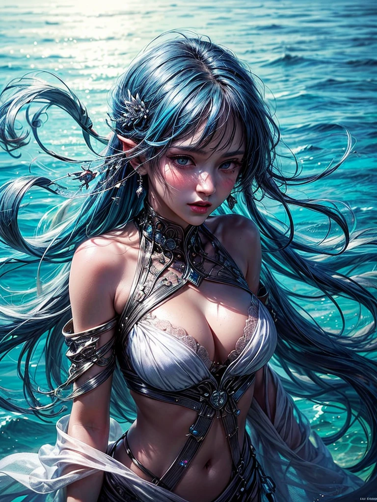 (a venus wearing a see-through silk toga:1.2),in the ocean, waves, water diamond jewelry, floating colorful sparkles, wind blowing through, flowing hair, blue tone:1.1), shiny skin ,ultra-detailed face, detailed turquoise eyes, ((blue hair)) , lustrous lips , (upper body: 1.3),skinny physique, beautiful figure, elegant, vivid colors ,(official art, unity 8k wallpaper, ultra detailed, beautiful and aesthetic, masterpiece ,best quality, photorealistic:1.3), young looking, blushing