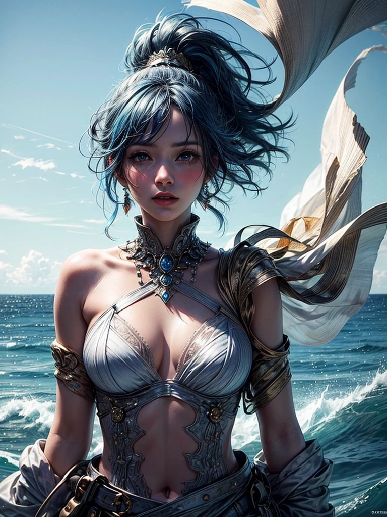 (a venus wearing a see-through silk toga:1.2),(Aurora Background, in the ocean, waves, water diamond jewelry, floating colorful sparkles, wind blowing through, flowing hair, blue tone:1.1), shiny skin ,ultra-detailed face, detailed turquoise eyes, blue hair, lustrous lips , (upper body: 1.3),skinny physique, beautiful figure, elegant, vivid colors ,(official art, unity 8k wallpaper, ultra detailed, beautiful and aesthetic, masterpiece ,best quality, photorealistic:1.3),
