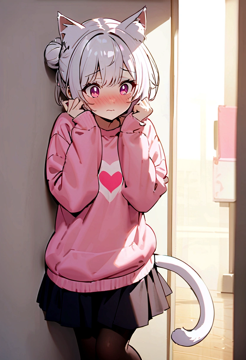 I have white pink hair, cat ears, a bun, my face is super blushing, black glasses, pink heart eyes, a big pink sweatshirt, a black skirt, black stockings, white shoes, a cat&#39;s tail, a girl. very shy that she is glued to a wall with her butt