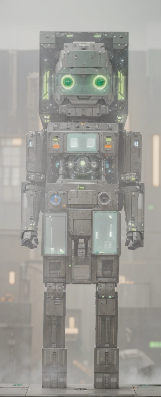 a humanoid robot, blocky stone-like exterior, green rectangular eyes, standing upright, highly detailed, mechanical, futuristic laboratory, industrial background, intricate gears, circuits visible through translucent panels, photorealistic, 8k, cinematic lighting, volumetric fog, depth of field, masterpiece