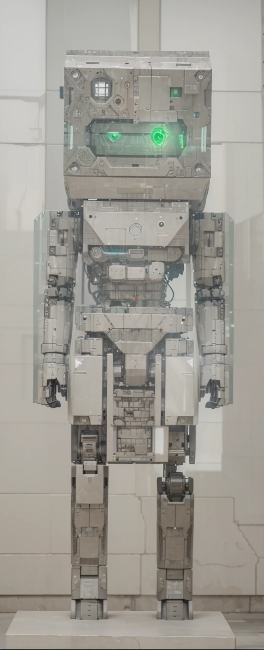 a humanoid robot, blocky stone-like exterior, green rectangular eyes, standing upright, highly detailed, mechanical, futuristic laboratory, industrial background, intricate gears, circuits visible through translucent panels, photorealistic, 8k, cinematic lighting, volumetric fog, depth of field, masterpiece