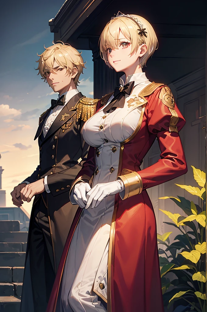 1 person, mature, (((Woman dressed as a man))),(((Butler))), count, viscount, Victorian era,(Barrette)、(((Hair on one eye)))、(((Blonde short hair))),(Red eyeedium Breast),smile、 suit, coat,  White gloves, Gold and red design, Black Shirt, No background, Absurd, High resolution, Super sharp, 8K, masterpiece, View your viewers, Are standing, No background, No background, White Background