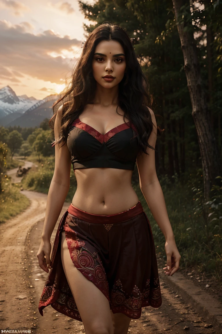 A full body capture of Scarlet witch wearing a crop top mini blouse with a deep sweetheart neckline and low waist lehenga with intricate embroidery, a navel pin, walking in a mystical forest facing the camera with snow-capped mountains in the background, a bindi and vermilion on her forehead and a cummerbund around her waist. Add some magical effects to her hand, symmetrical visage framed by long black hair cascading in ebony waves, red lipstick accentuates her expressions, (gorgeous symmetrical face), her waist tilting gently creating a dynamic curve, adorned with a navel pin, ((deep rounded navel)), ((teasing)), captured from a low-angle for an imposing effect, meticulously composed, striking sharpness achieved through octane rendering, studio lighting, all set against the warm hues of a sunset backdrop, cinematic symmetry.