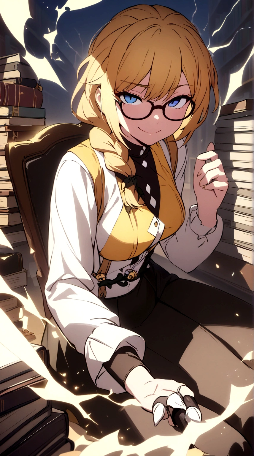 Solo, 1girl, masterpiece, best quality, extremly detailed, Cinematic lighting, intricate detail, highres, official art, finely detailed beautiful face and eyes, high resolution illustration, 8k, dark intense shadows, overexposure, [blonde hair/brown hair], single braid, blue eyes, glasses, smug, sitting on chair, upper body, large breasts, white shirts, yellow suspenders, book_stack, library, ((vine)), rose, looking at the viewer