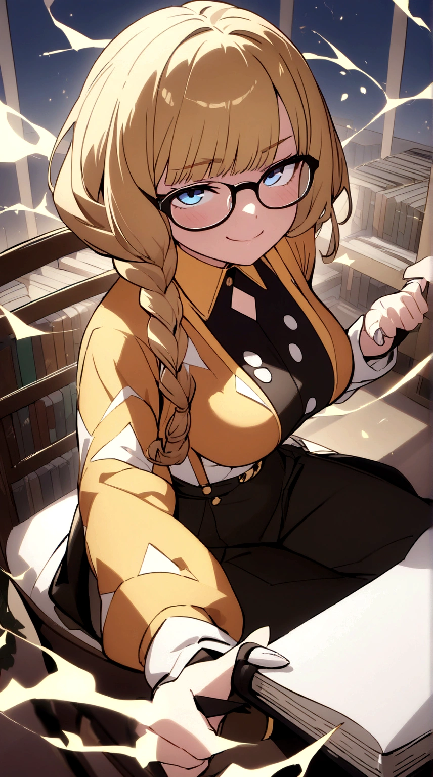 Solo, 1girl, masterpiece, best quality, extremly detailed, Cinematic lighting, intricate detail, highres, official art, finely detailed beautiful face and eyes, high resolution illustration, 8k, dark intense shadows, overexposure, [blonde hair/brown hair], single braid, blue eyes, glasses, smug, sitting on chair, upper body, large breasts, white shirts, yellow suspenders, book_stack, library, ((vine)), rose, looking at the viewer