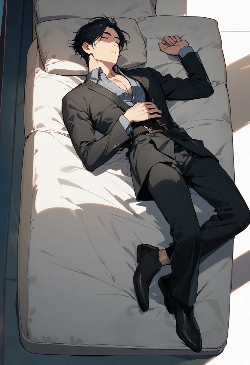 man, handsome, sleeping, lying, black hair, full body