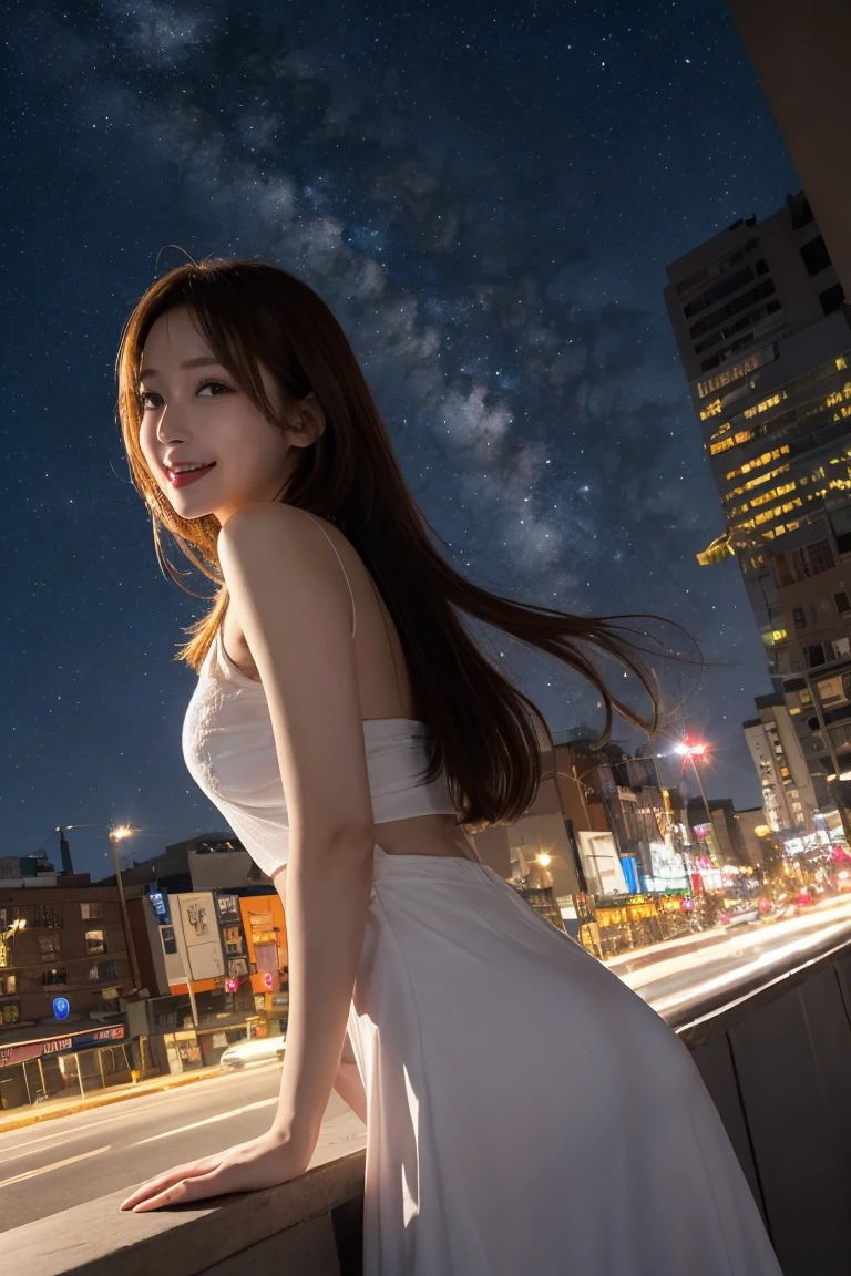 Beautiful night view, Highest quality, shape, Very detailed, In detail, High resolution, 8k wallpaper, Perfect dynamic composition, Beautiful details, Natural Lip, Orihime's Costume, Big Breasts, Cleavage, She opens her legs in a sexy pose、She is laughing with her pussy exposed.., A masterpiece of the whole body, Whole shot