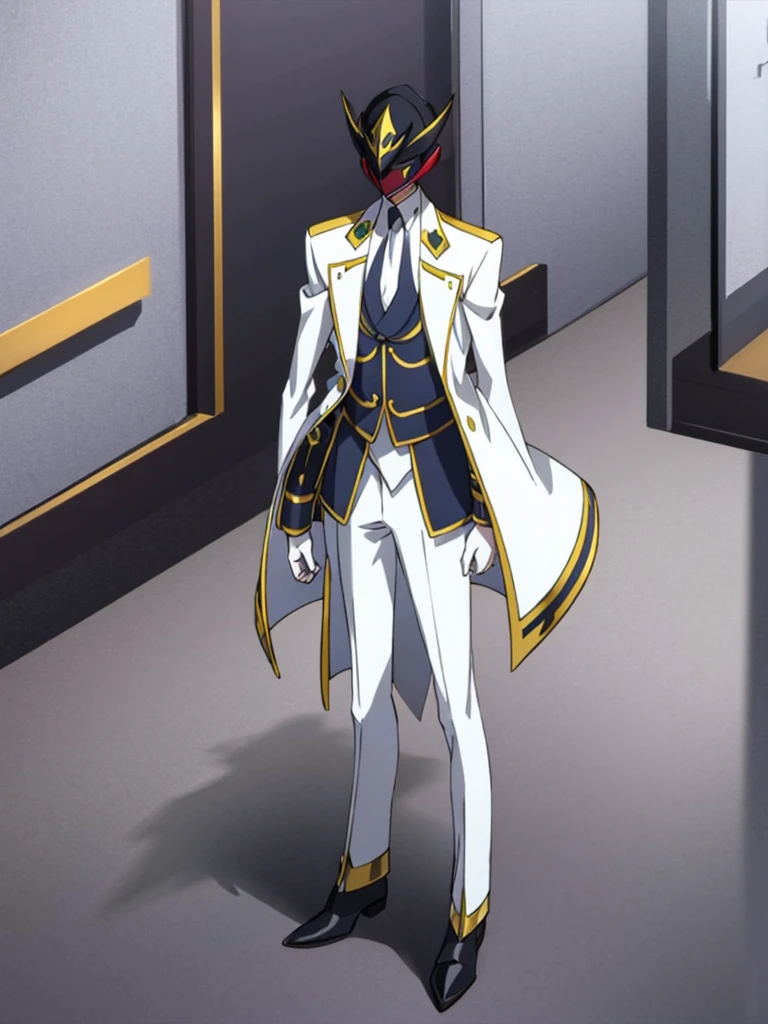 Male, ager, officer, wearing a formal white militaristic Britannian uniform, a lapel, and a full-face mask, face and hair covered by mask, athletic build, hands in pockets, standing at attention, daytime hall setting, lone figure, facing viewer, fully in frame, full body shot, Code Geass style, codeGeass, CODEGEASS