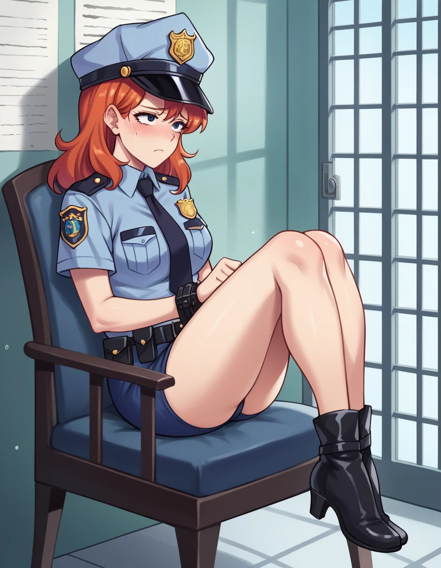 There is a woman in a police uniform, official, police official, (Yoshida Yuuko), sad police, Attire: cop, redhead woman, yoshida yuuko wearing a police uniform, high resolution commission, sheriff woman, Lois van Baarle y Rossdraws, bottomless, leotard blue, bare legs, sitting on a chair, (((his hands are behind his body)),((The whole body is tightly bound.)) in jail,