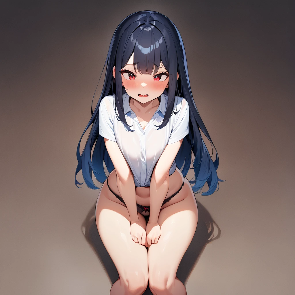 nsfw,1 girl,Solo,(blue hair),black hair,red eyes,long hair,Tsurime,Curvy,best quality, very aesthetic, absurdres,straight,masterpiece, best quality, very aesthetic, absurdres,v arms,Thighs,cowboy shot,Embarrassing, have_to_pee,pantie,illustration,knees_together_feet_apart