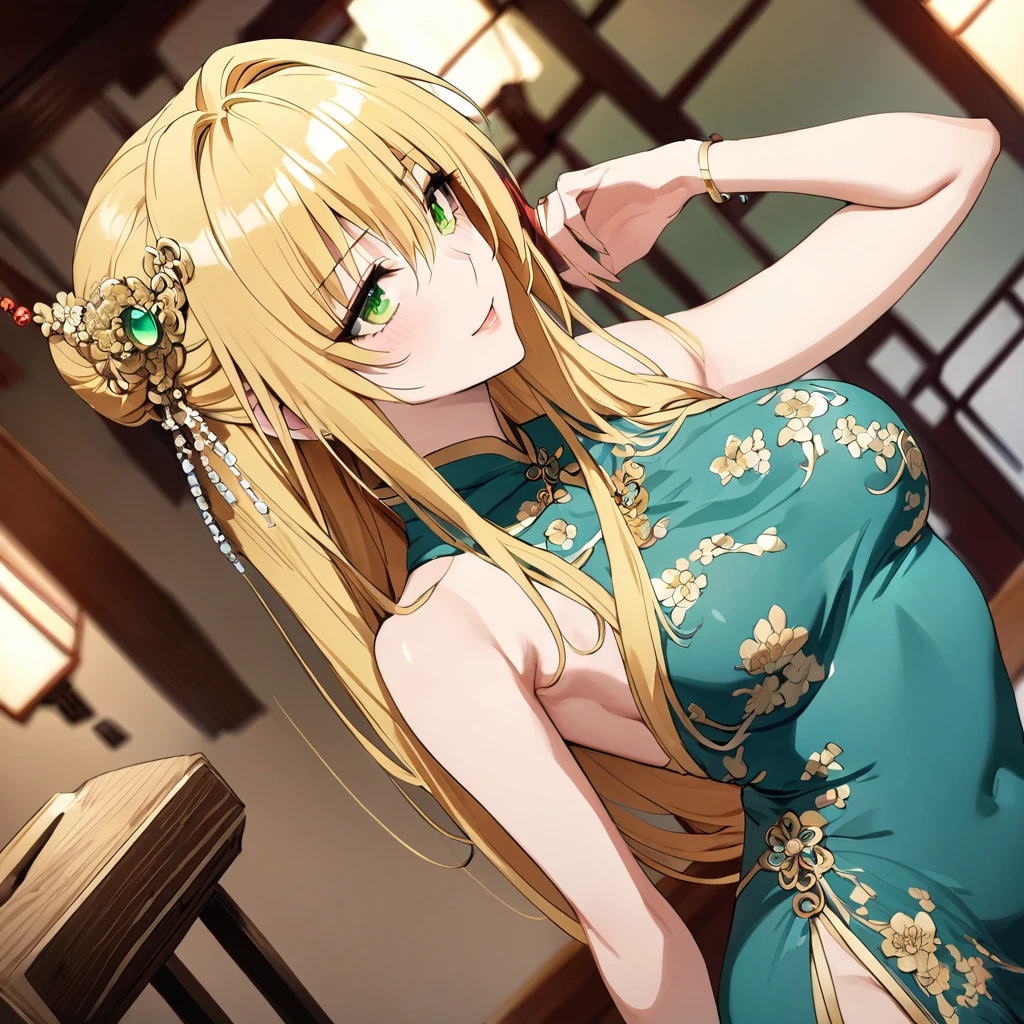 ((Highest quality)), ((masterpiece)), (detailed), (Perfect Face)、In a Chinese palace, a woman is wearing a Chinese Tianyi, a gorgeous and glittering cheongsam with lots of gold embroidery, a gorgeous hair ornament, gorgeous jeweled accessories, and an engagement ring.、The woman is an elegant Chinese Tieryu with green eyes and medium-long blonde hair. She is wearing a Chinese dress with gorgeous gold embroidery all over it.