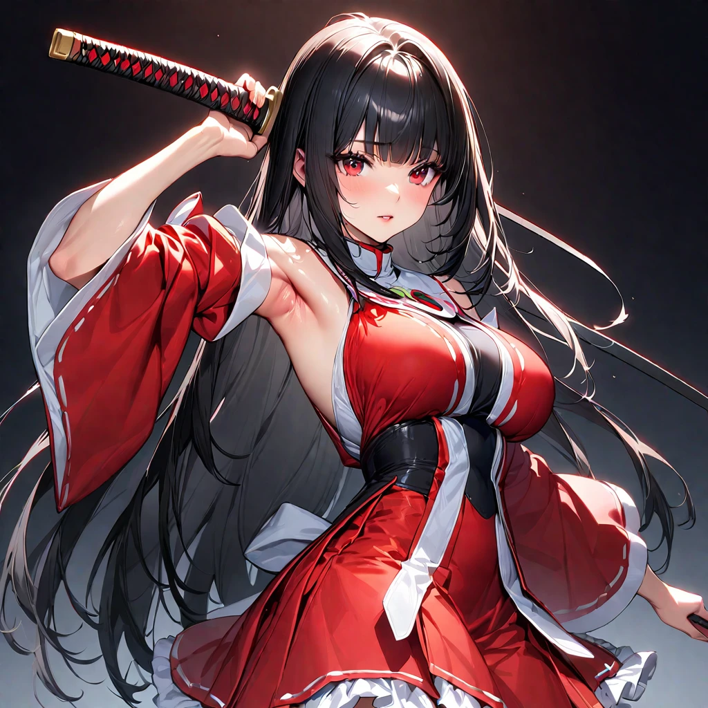 (masterpiece),(Highest quality),(Super detailed),(Best illustrations),(so beautiful), Perfect Face, Perfect hands, Perfect Fingers, hanging breasts, so beautiful長い脚, Black Hair, Red eyes, Long Hair, hime_cut, Removable sleeves, skirt, Frills, red skirt, Wide sleeves, Red Shirt, frilled skirt,Sleeves edged with ribbon, Frillsシャツの襟, Bare shoulders, skirt, Non-traditional Shrine Maiden, holding weapon, katana, armpits,