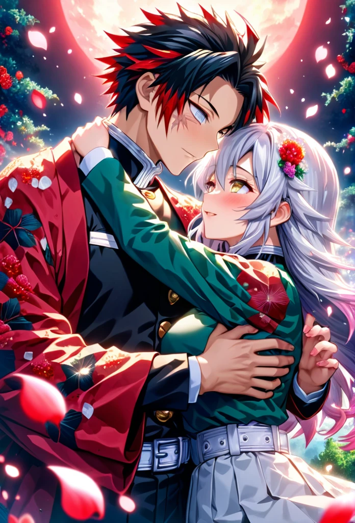 Ultra detailed, highres, absurdres, HDR, master piece, anime girl and boy, pretty woman with white long hair with deep red streaks, girl with yellow eyes, the girl is using a red haori, black demon slayer uniform, Kimetsu No Yaiba, fantasy, petals, red flowers, pretty, Sanemi Shinazugawa, Wind Hashira, Sanemi Shinazugawa huging, Sanemi scars and uniform open on tbe chest, romance, magic, sun, daylight, florest, best quality, extremely detailed face, love, passion, romance, anime, they are realy in love, love hug, couple, male and female