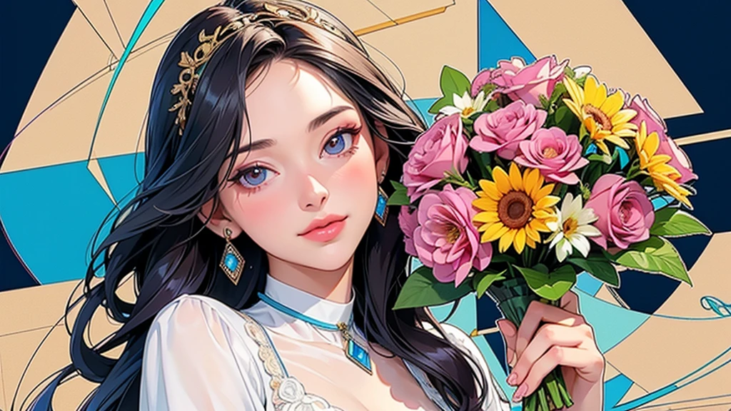 (ultra-Detailed Background, Detailed Background), Absurd, High resolution, Super detailed, Very detailed, One girl, (bouquet:1.3), (Tangled:1.2), (Geometric:1.2),(colorful),