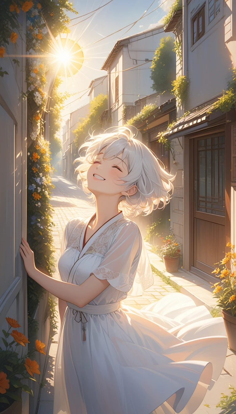 (masterpiece, best quality), (real picture, Intricate details), (afternoon, sun, sunny) Alleyway, embrace the sun, the sun hits the body, Eyes closed slightly. (1 girl, Messy short white hair, embracing the sun, Smile and raise your chin, side) Open your arms,