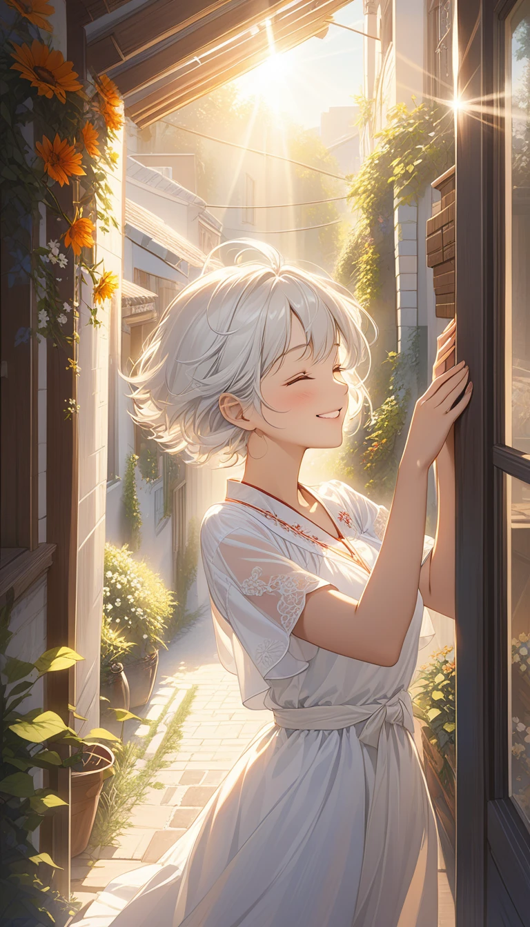 (masterpiece, best quality), (real picture, Intricate details), (afternoon, sun, sunny) Alleyway, embrace the sun, the sun hits the body, Eyes closed slightly. (1 girl, Messy short white hair, embracing the sun, Smile and raise your chin, side) Open your arms,