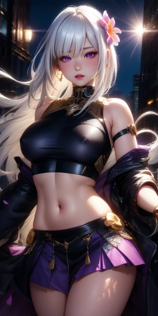 realistic, 1girl, white hair, purple eyes, glowing eyes, crop top, skirt, parted lips, blush, night, flowers, sun, sunlight,
