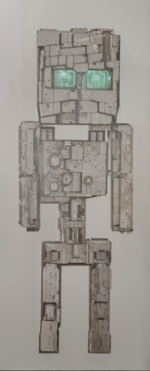 a humanoid robot, blocky stone-like exterior, green rectangular eyes, standing upright, highly detailed, mechanical, futuristic laboratory, industrial background, intricate gears, circuits visible through translucent panels, photorealistic, 8k, cinematic lighting, volumetric fog, depth of field, masterpiece