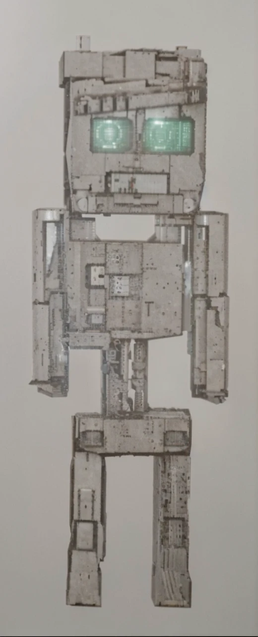a humanoid robot, blocky stone-like exterior, green rectangular eyes, standing upright, highly detailed, mechanical, futuristic laboratory, industrial background, intricate gears, circuits visible through translucent panels, photorealistic, 8k, cinematic lighting, volumetric fog, depth of field, masterpiece