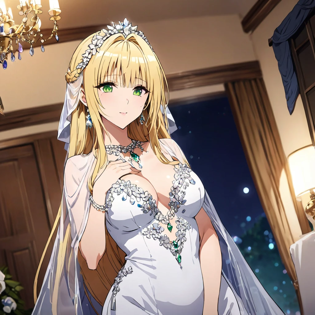 ((Highest quality)), ((masterpiece)), (detailed), （Perfect Face）、The woman is Tiare, has green eyes, medium-long blonde hair, and is wearing an engagement ring.、The woman is wearing a gorgeous and dazzling night dress, a gorgeous see-through cape and a seersveil, a gorgeous jeweled head dress chain, gorgeous jeweled earrings, and other gorgeous and glittering accessories, and is in a luxurious room with a dignified, bearded, elderly man.、The man is a dignified, bearded old man, very wealthy and wearing an engagement ring.