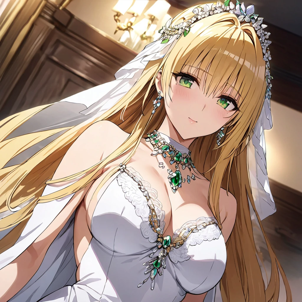 ((Highest quality)), ((masterpiece)), (detailed), （Perfect Face）、The woman is Tiare, has green eyes, medium-long blonde hair, and is wearing an engagement ring.、The woman is wearing a gorgeous and dazzling night dress, a gorgeous see-through cape and a seersveil, a gorgeous jeweled head dress chain, gorgeous jeweled earrings, and other gorgeous and glittering accessories, and is in a luxurious room with a dignified, bearded, elderly man.、The man is a dignified, bearded old man, very wealthy and wearing an engagement ring.