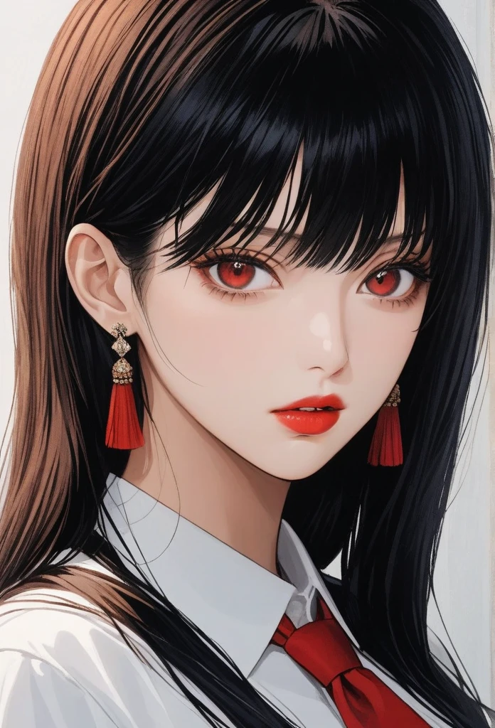 (masterpiece, best quality: 1.2), yoru\(chainsaw man\),(very detailed face, real image, realistic skin, realistic body, intricate details), (solo, upper body) red lipstick
serious, looking at the viewer, red eyes, , pinaforee dress, shirt, neck ribbon, close-up,jhumka earrings,big earrings ,long earrings
