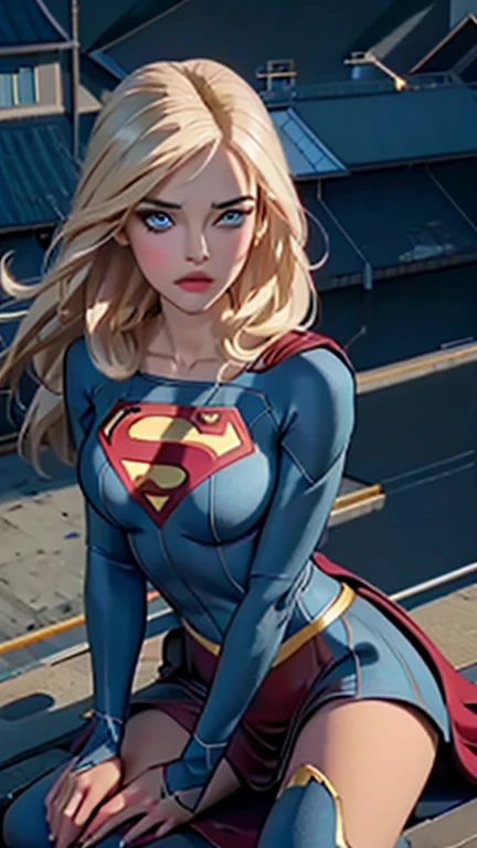 a supergirl sitting on a rooftop building, lost in deep thought, looking at the city, beautiful detailed eyes, beautiful blue eyes, both eyes are similar, beautiful detailed lips, extremely detailed face, long eyelashes, beautiful detailed costume, blonde hair, big breasts, dynamic pose, cinematic lighting, epic cityscape, moody atmosphere, dramatic shadows, vibrant colors, photorealistic, 8k, best quality, hyper detailed, masterpiece