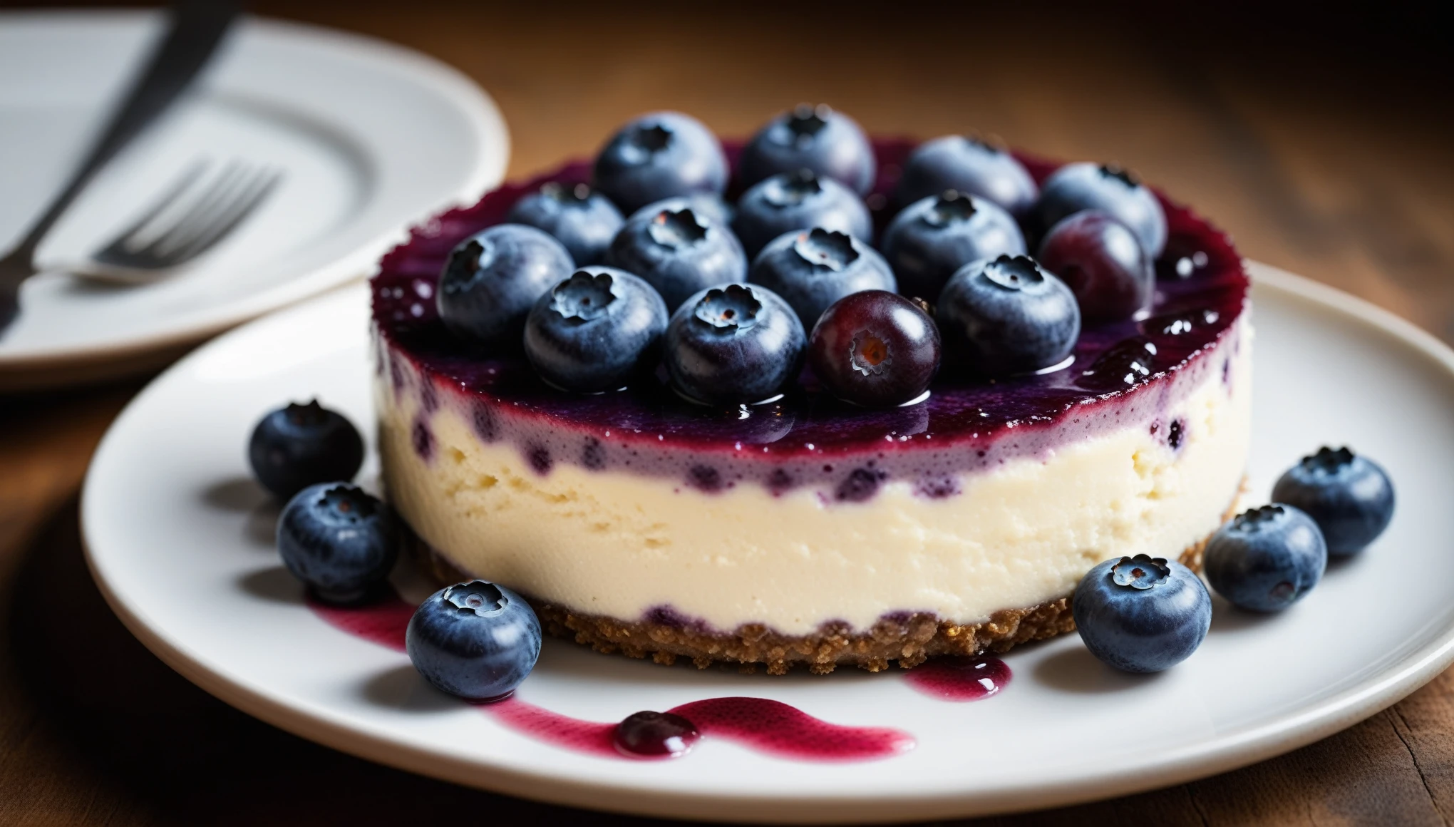 Documentary RAW Photography,a Blueberry Cheesecake, highlighting its exquisite, lacy texture and impeccable balance. The composition should evoke an irresistible urge to taste, with every detail crafted to inspire both amateur and seasoned cooks, (sharpness in detail:1.1), masterpiece, 35mm photograph, (iconic photograph:1.4), (visual storytelling:1.2), film grain, award winning photography,vibrant use of light and shadow, high quality textures of materials, volumetric textures  perfect composition, dynamic play of light, rich colors, epic shot, perfectly quality, natural textures,high detail, photoshadow, (natural colors, correct white balance, color correction, dehaze),(intricate detailed), 8k