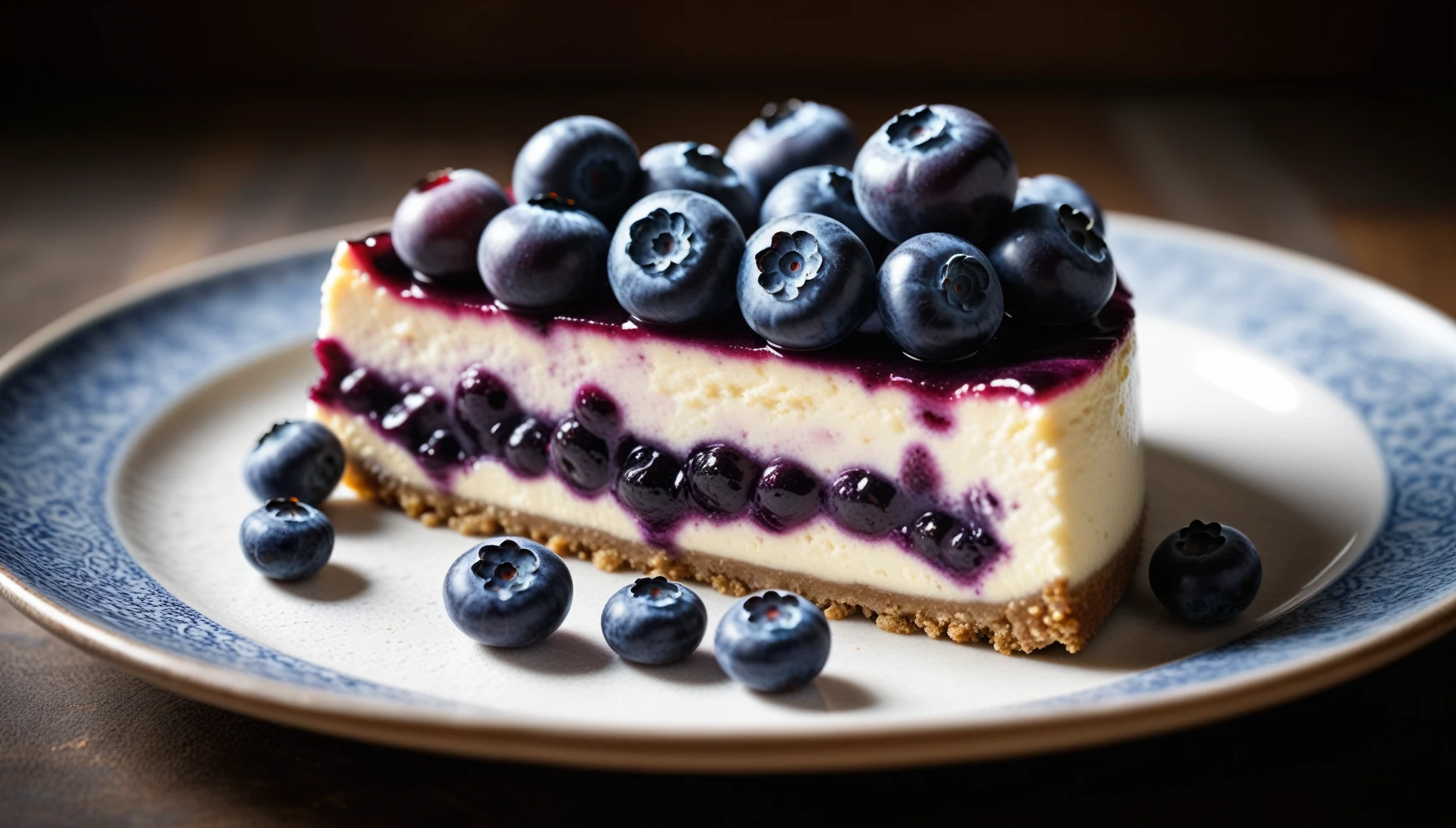 Documentary RAW Photography,a Blueberry Cheesecake, highlighting its exquisite, lacy texture and impeccable balance. The composition should evoke an irresistible urge to taste, with every detail crafted to inspire both amateur and seasoned cooks, (sharpness in detail:1.1), masterpiece, 35mm photograph, (iconic photograph:1.4), (visual storytelling:1.2), film grain, award winning photography,vibrant use of light and shadow, high quality textures of materials, volumetric textures  perfect composition, dynamic play of light, rich colors, epic shot, perfectly quality, natural textures,high detail, photoshadow, (natural colors, correct white balance, color correction, dehaze),(intricate detailed), 8k