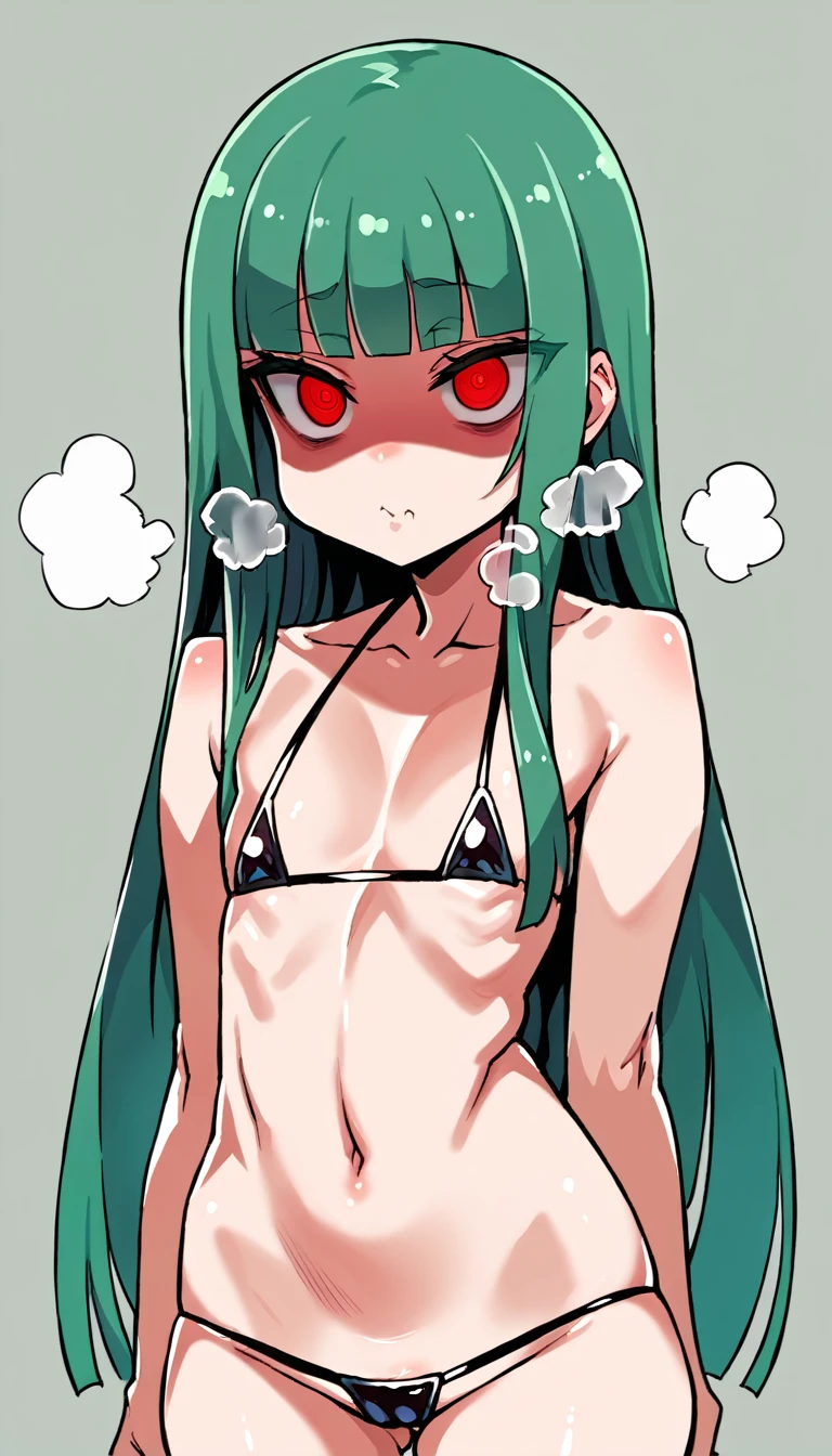 score_9, score_8_up, source_アニメ,アニメ style,empty eye,Green Hair,Red eyes,blunt bangs,long hair,Very young,cool eye,((1girl)),shiny skin,Micro Bikini,Lewd,Heavy breathing