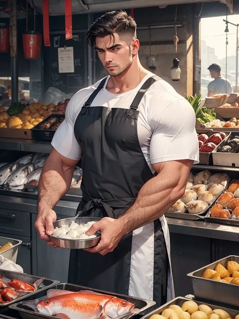 men wear dark gray shining apron over white T-shirt, muscular and handsome,fish market