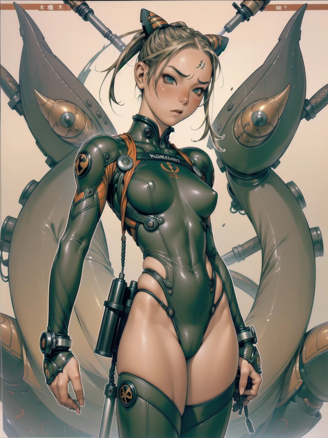 (((Cammy Street Fighter))), ((best qualityer)), (((Venom outfit))), (((slim))), (Muscles), (((fit body armor suit))), ((Perfect masterpiece)), (detailded: 1.4), (absurdrez), (((long blonde hair with heavy bangs covering the entire forehead))), (((full body fitness, Venom symbol)), (((short hair woman, blushful))), 21 year old woman, beautiful sexy woman, giant robot pilot, wild with perfect corpo fitness, wearing small mecha battle armor clothes, tiny thong, Shonen manga style, clothing with Japanese cyberpunk graphic patterns, Halftone pattern and vertical stripes, earth tone, exiting the body of a giant robot, (((cowboy shot)))