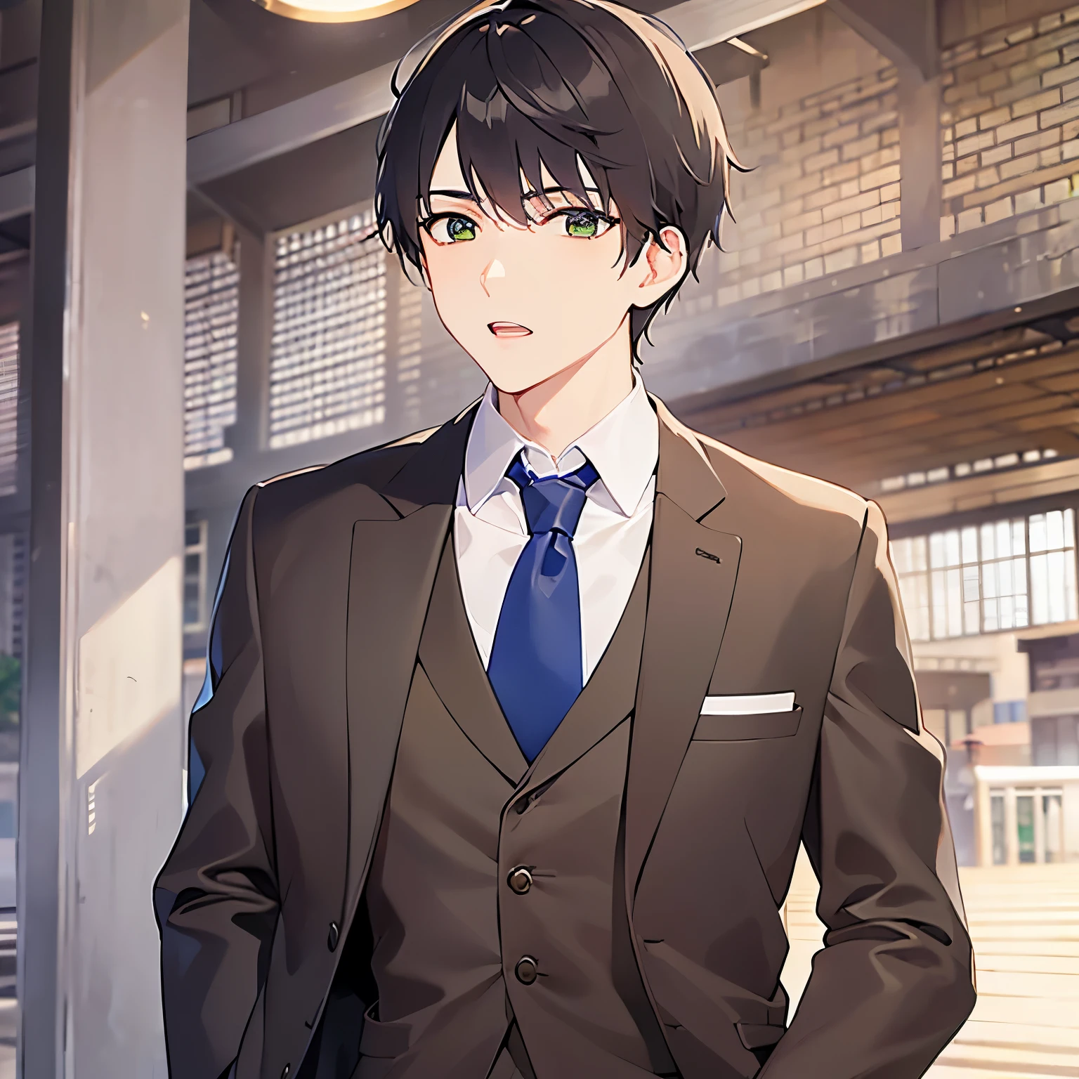 upper body、shiny skin、masterpiece、Highest quality、(25-year-old male:1.5) and (Brown short hair) and (Green Eyes), (Wearing a suit:1.3) and (Blue tie)、Are standing、(worry:1.3)、open mouth, The background is a train station platform.、(Alone:1.5)、