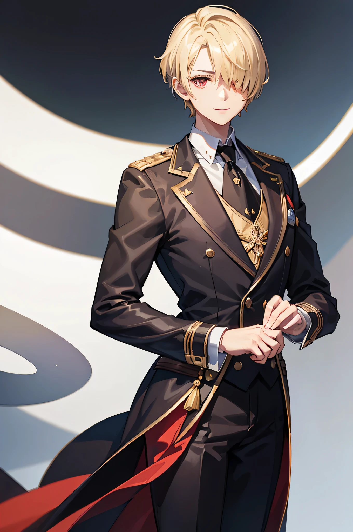 1 person, mature, Butler,, count, viscount, Victorian era,(Barrette)、(((Hair on one eye)))、(((Blonde short hair))),(Red eyes)、smile、 suit, coat,  White gloves, Gold and red design, Black Shirt, No background, Absurd, High resolution, Super sharp, 8K, masterpiece, View your viewers, Are standing, No background, No background, White Background