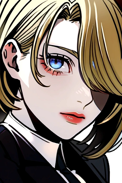 portrait of european girl,solo,20yo,beautiful face,uppser body,hair over one eye,medium sidecut, blonde hair, sharp focus,black business suit