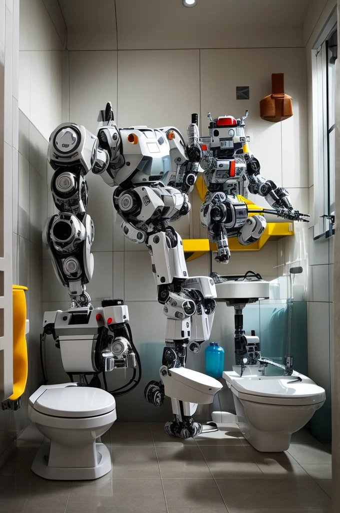 Old man sitting on toilet。The toilet transforms into a robot、Mechanical arms and legs are visible。Missiles are fired from the sides of the robot.、Fighting other robots。The water from the bidet hits the old man's buttocks.、The old man flies into the sky。The old man and the robot have surprised expressions。Bright blue sky spreads out in the background、I see fluffy clouds and flying birds。On the ground, a fierce battle between robots is unfolding.。