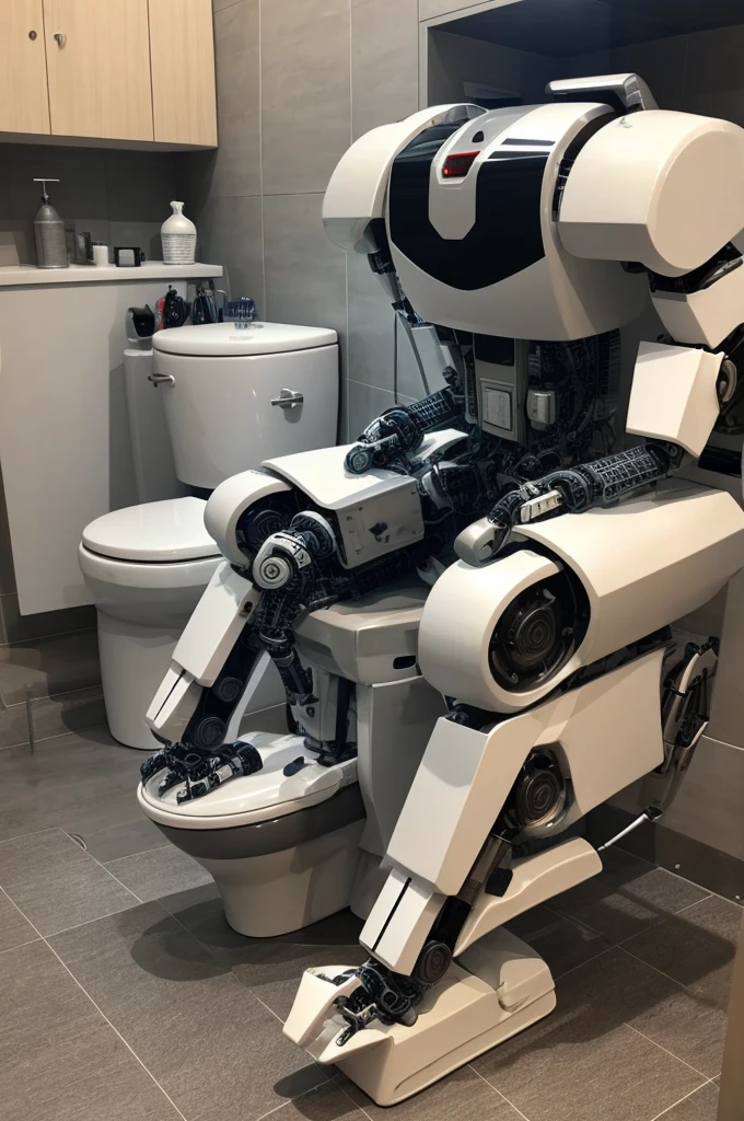 Old man sitting on toilet。The toilet transforms into a robot、Mechanical arms and legs are visible。Missiles are fired from the sides of the robot.、Fighting other robots。The water from the bidet hits the old man&#39;s buttocks.、The old man flies into the sky。The old man and the robot have surprised expressions。Bright blue sky spreads out in the background、I see fluffy clouds and flying birds。On the ground, a fierce battle between robots is unfolding.。