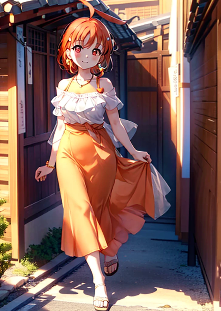 chika takami,Orange Hair,Ahoge,Red eyes,smile,blush,Orange off-shoulder dress,Bare shoulders,bare clavicle,Bare neck,Heart-shaped necklace,Long skirt,Cute heeled sandals,Walking,Daytime,Clear skies,whole bodyがイラストに入るように break outdoors, Building district, break looking at viewer, whole body, break (masterpiece:1.2), Highest quality, High resolution, unity 8k wallpaper, (figure:0.8), (Beautiful attention to detail:1.6), Highly detailed face, Perfect lighting, Highly detailed CG, (Perfect hands, Perfect Anatomy),