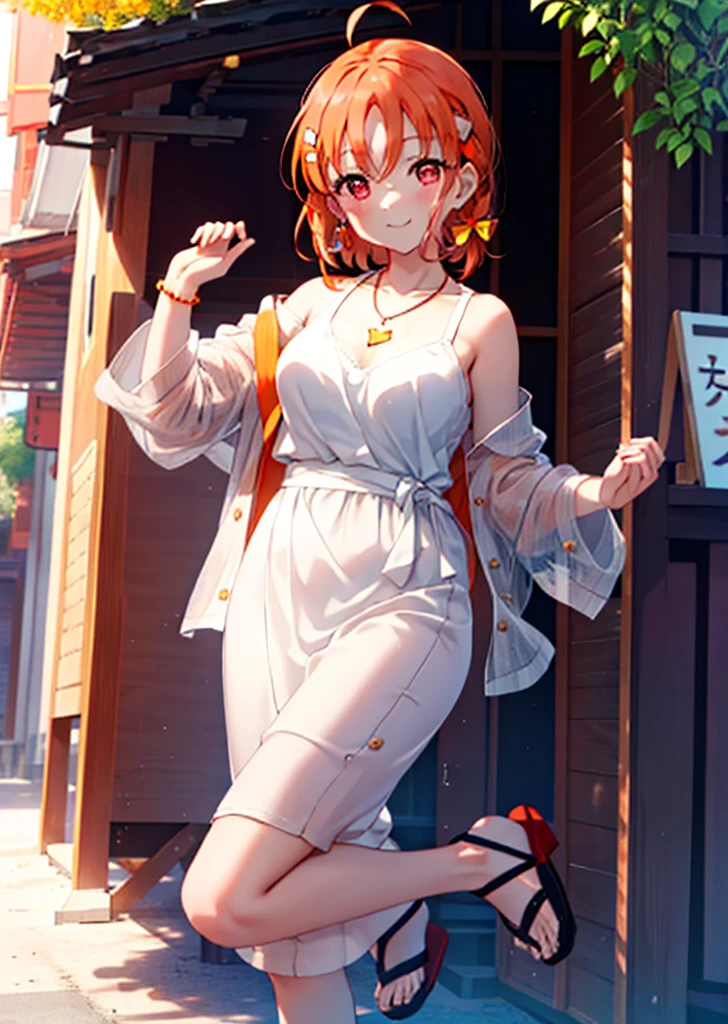 chika takami,Orange Hair,Ahoge,Red eyes,smile,blush,Orange off-shoulder dress,Bare shoulders,bare clavicle,Bare neck,Heart-shaped necklace,Long skirt,Cute heeled sandals,Walking,Daytime,Clear skies,whole bodyがイラストに入るように break outdoors, Building district, break looking at viewer, whole body, break (masterpiece:1.2), Highest quality, High resolution, unity 8k wallpaper, (figure:0.8), (Beautiful attention to detail:1.6), Highly detailed face, Perfect lighting, Highly detailed CG, (Perfect hands, Perfect Anatomy),