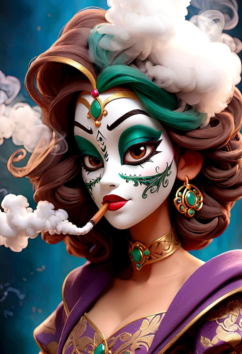 Woman in mask blowing smoke 